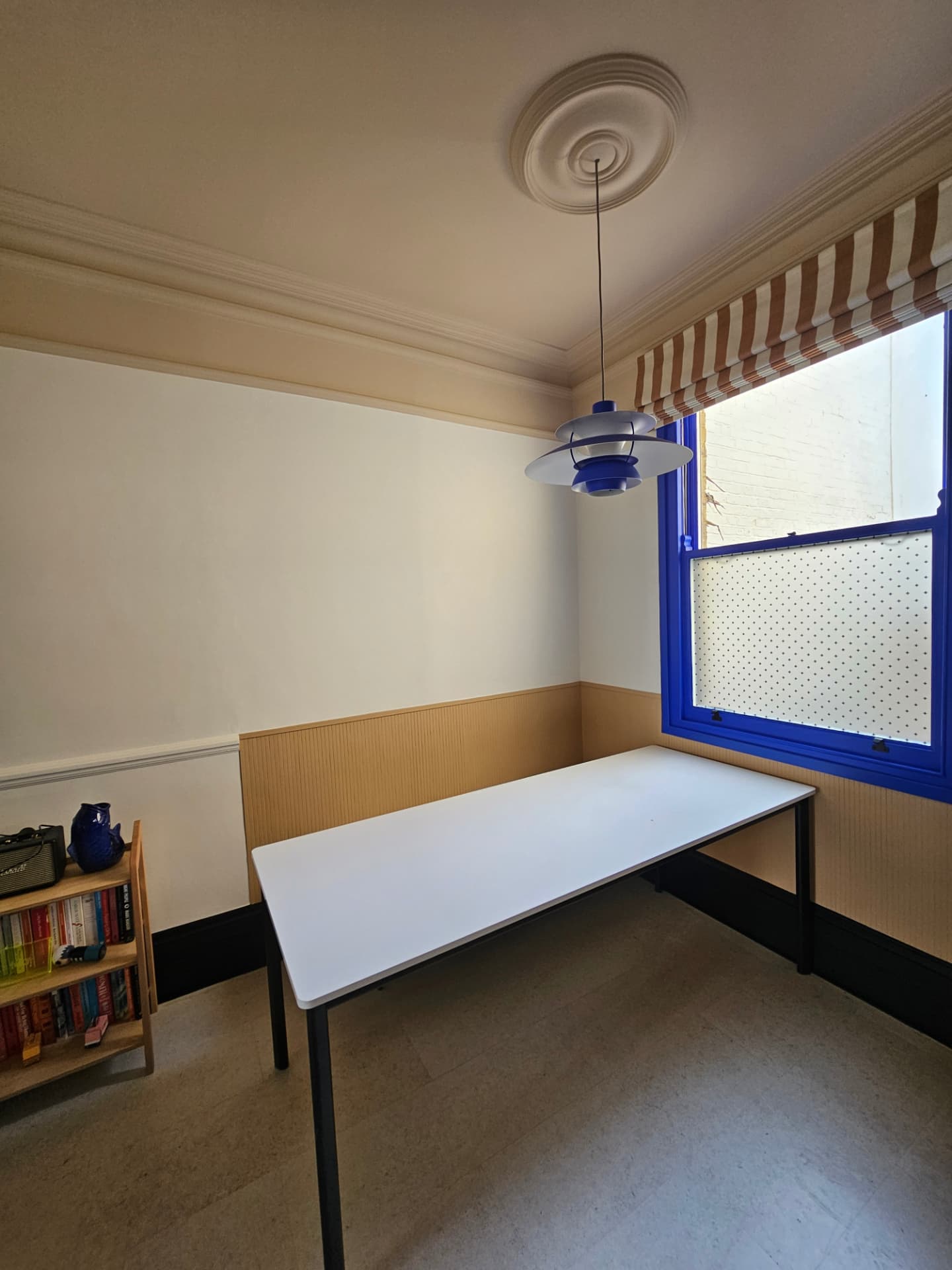 After — Hackney five-colour room — designed with anna, lifedesign london. Finished room with pendant light and desk, all five colours in place.