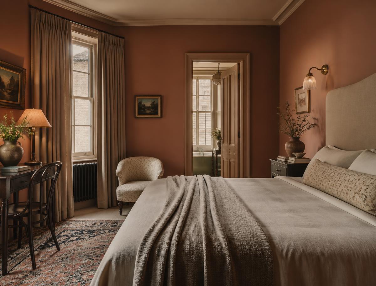 Colour-drenched London bedroom after a full interior design and decorating project