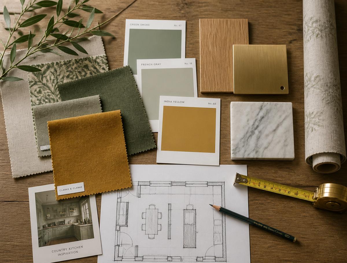 Interior design scheme board with fabric swatches, Farrow & Ball colour cards, oak and brass samples and a hand-drawn floor plan